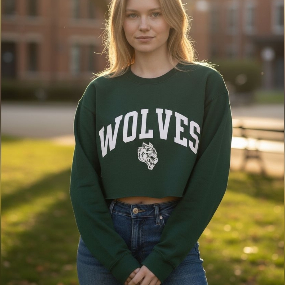 EUC Darc Sport Size Small Wolves She Loyalty Crop Raw Hem Crewneck Sweatshirt!